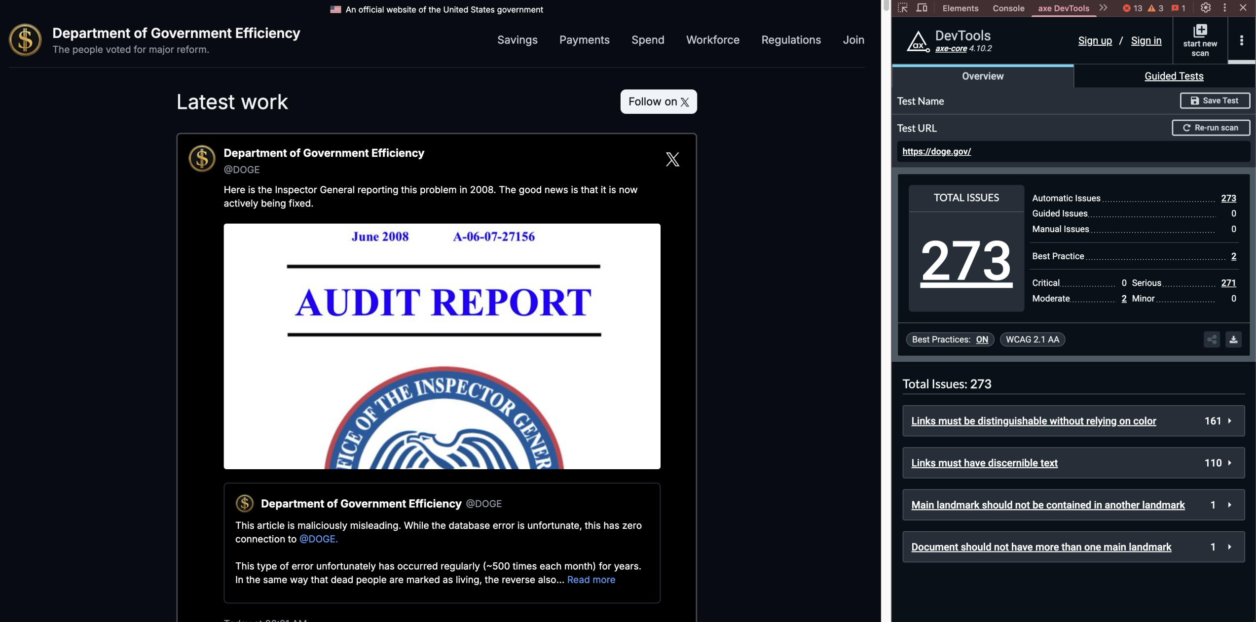 image with accessibility failures from aXe DevTools