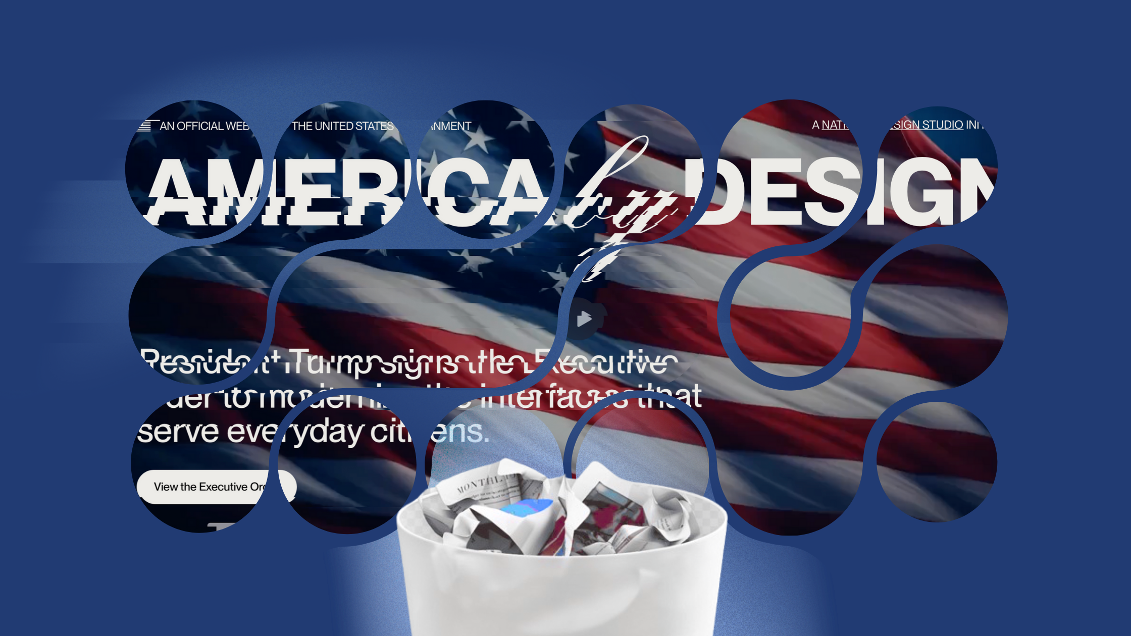 Image of the americabydesign.gov header that's been distorted and sitting on top of a trash can with paper in it