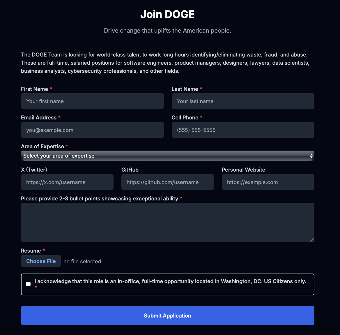 A screenshot of DOGE Join form